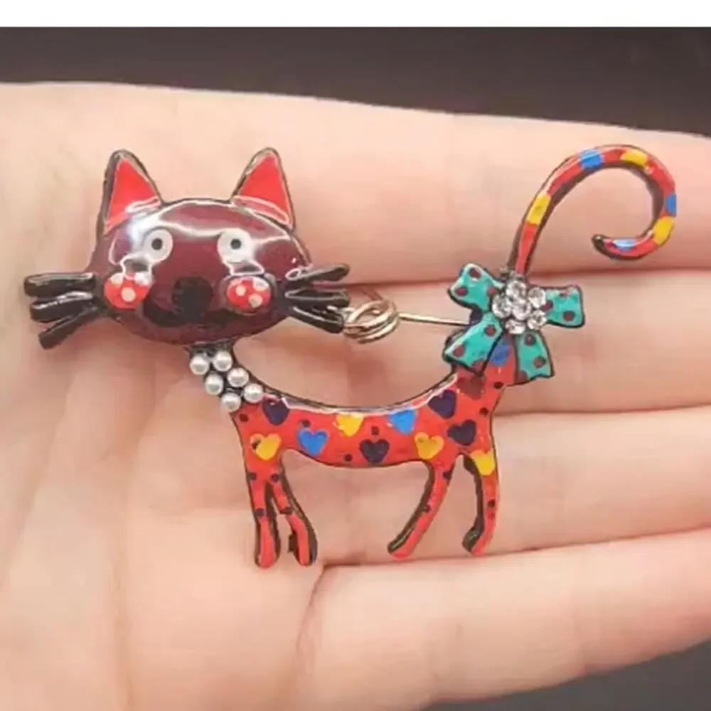 Cat Brooch Brown & Orange Enamel Rhinestone Faux Pearl Accents Cartoon Style